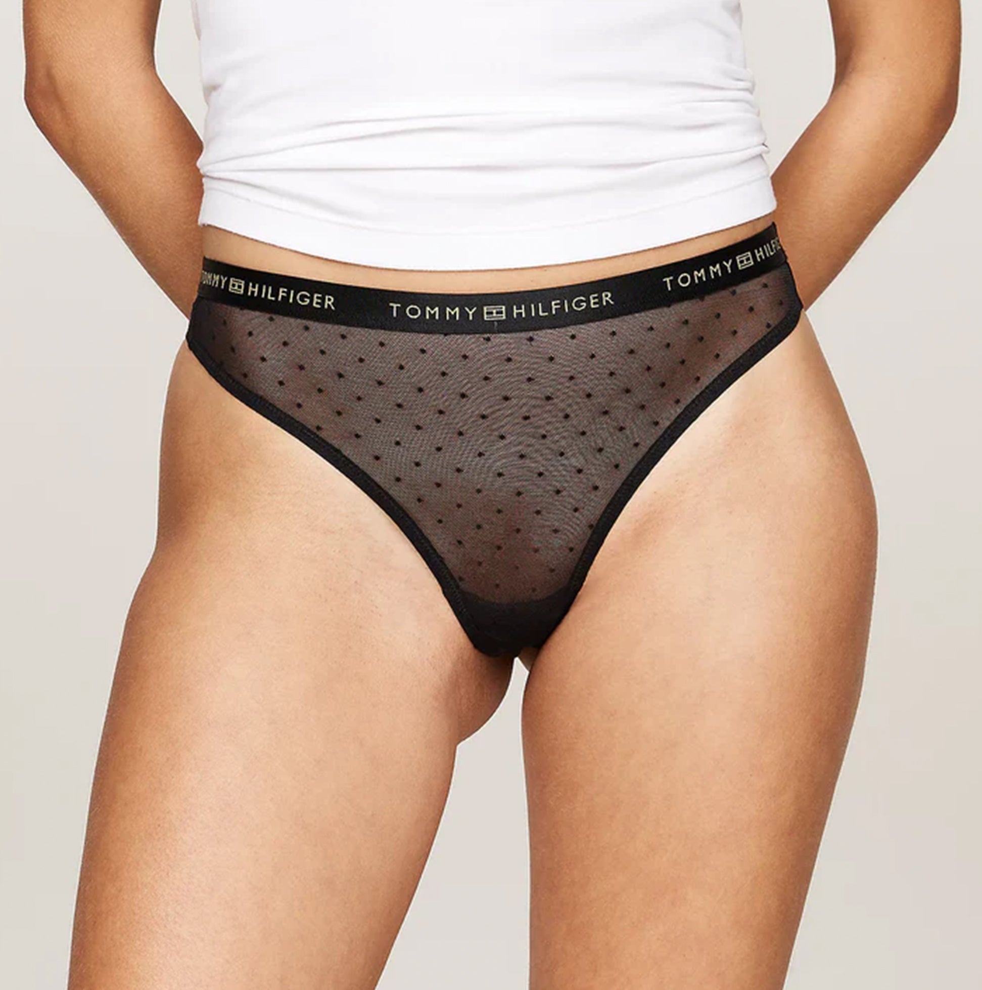 Tommy Hilfiger GIFT UNDERWEAR Womens 3 Pack Thongs Multicoloured side view detail of thong in black with polka dots