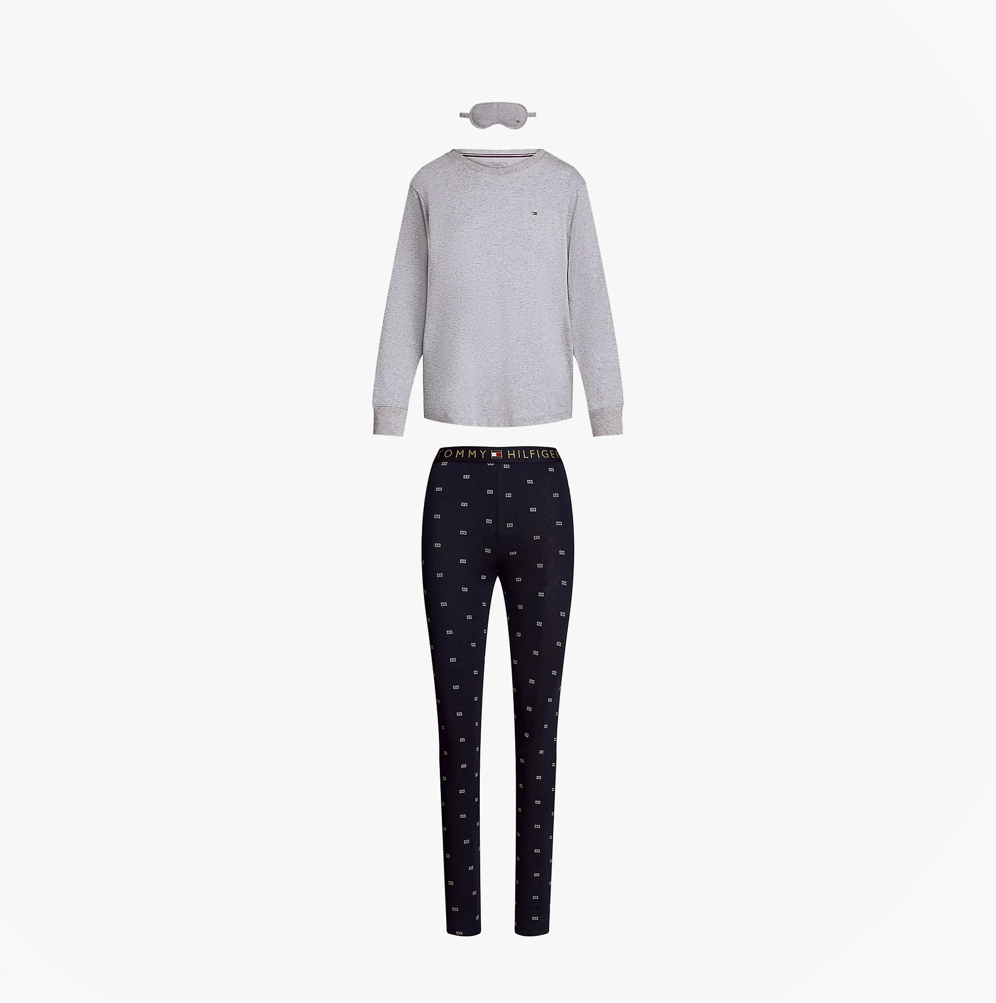 Tommy Hilfiger ORIGINAL Womens Legging Pyjama & Eye Mask Gift Set front view featuring grey top, patterned leggings, and eye mask.