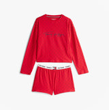 Tommy Hilfiger HERITAGE Womens Pyjama Set Hearts Primary Red Aop front view featuring red short sleeve top and shorts.