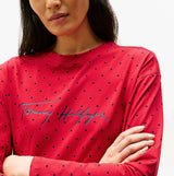 Tommy Hilfiger HERITAGE Womens Pyjama Set Hearts Primary Red Aop detail view of round neck with TH logo on chest.