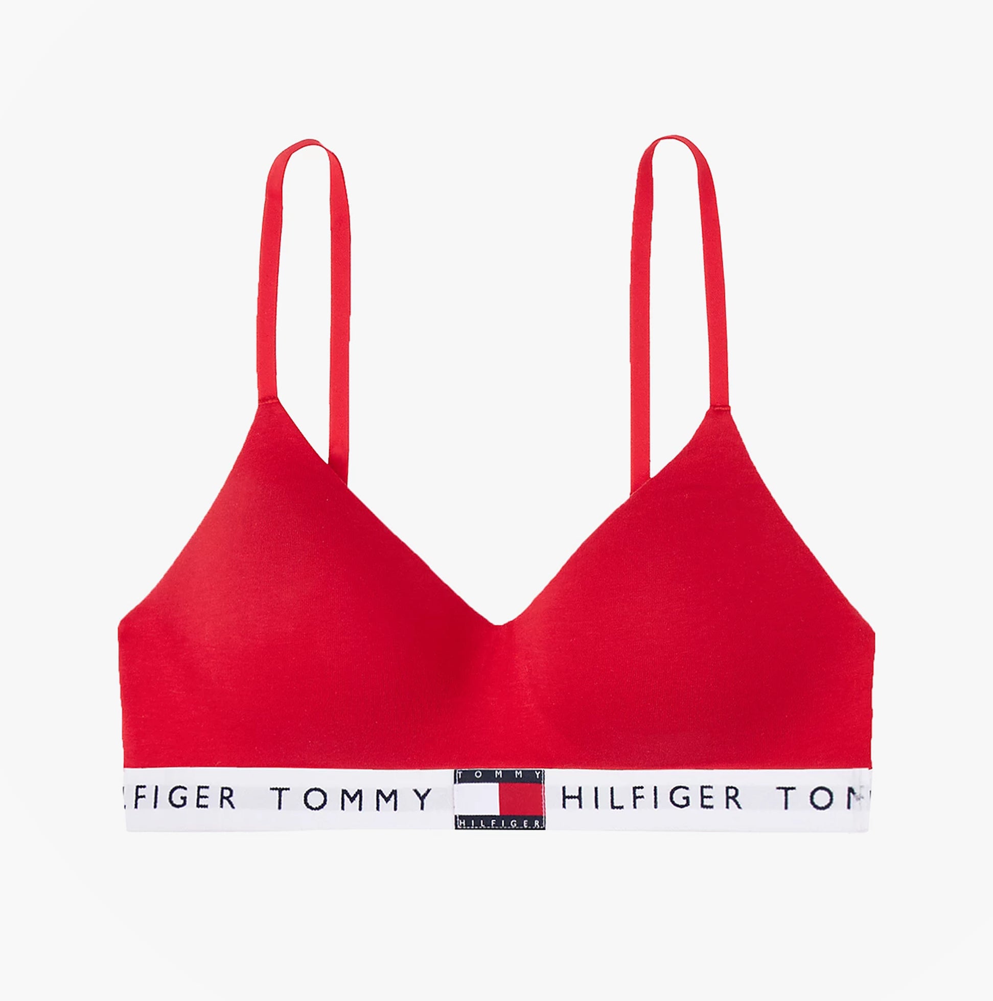 Tommy Hilfiger HERITAGE Womens Padded Push-Up Bralette Primary Red front view showing slim adjustable straps and logo elasticated underband.