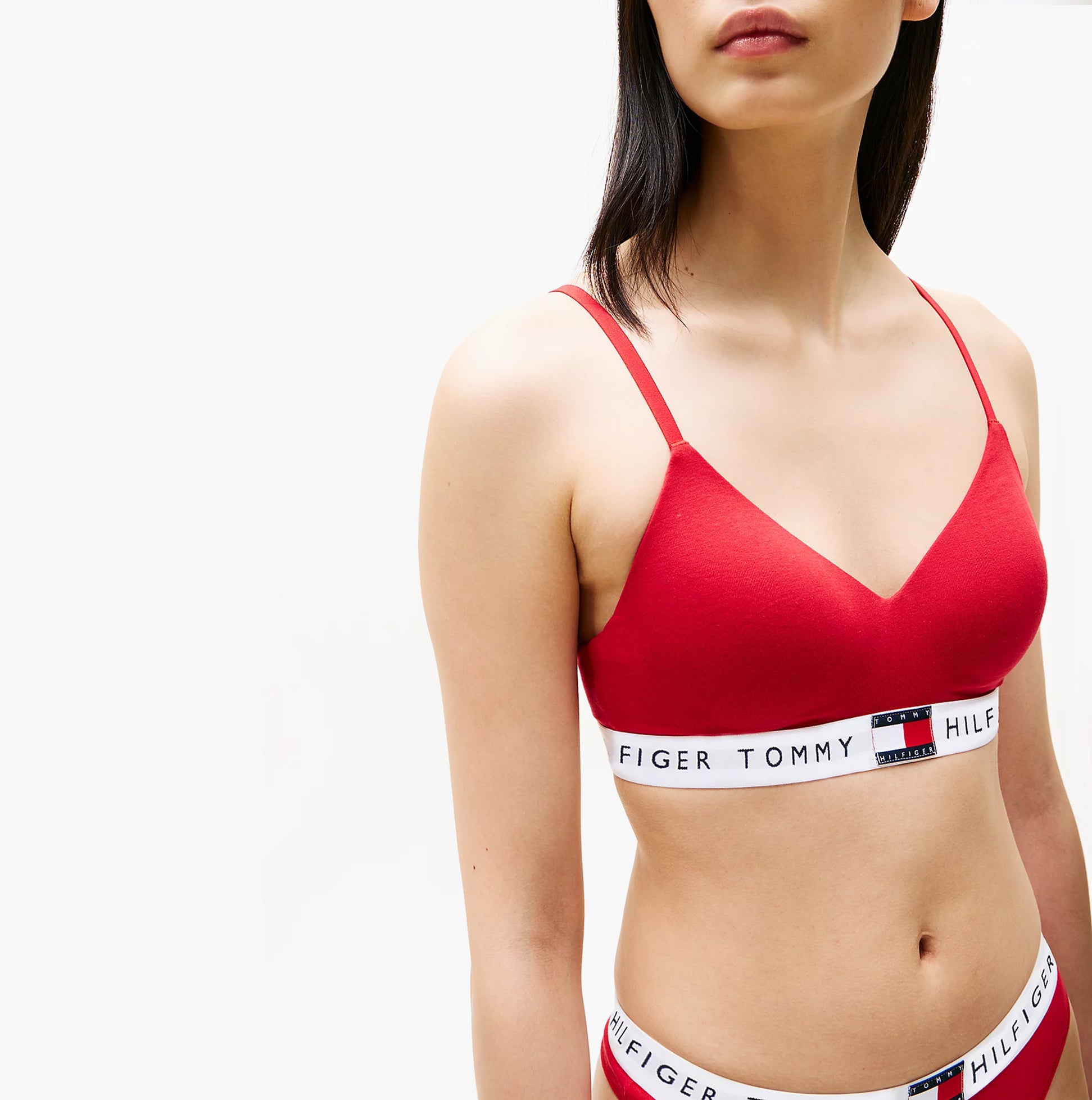 Tommy Hilfiger HERITAGE Womens Padded Push-Up Bralette Primary Red side view showing slim adjustable straps and logo elasticated underband.