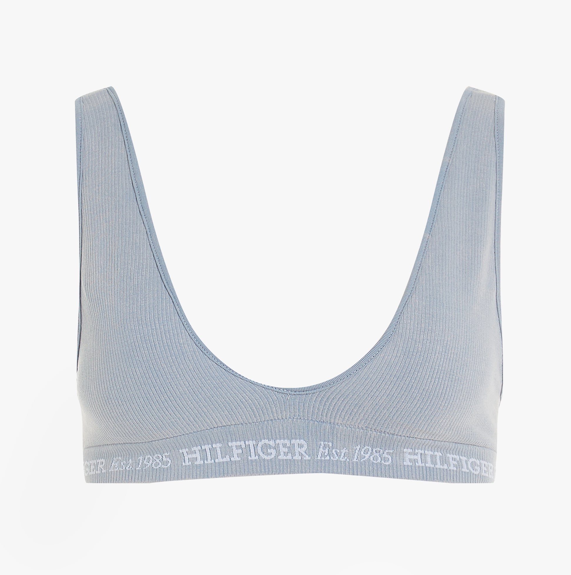 Tommy Hilfiger LOGO Womens Bralette Brisk Blue front view showing scoop V-neck and logo elasticated underband.