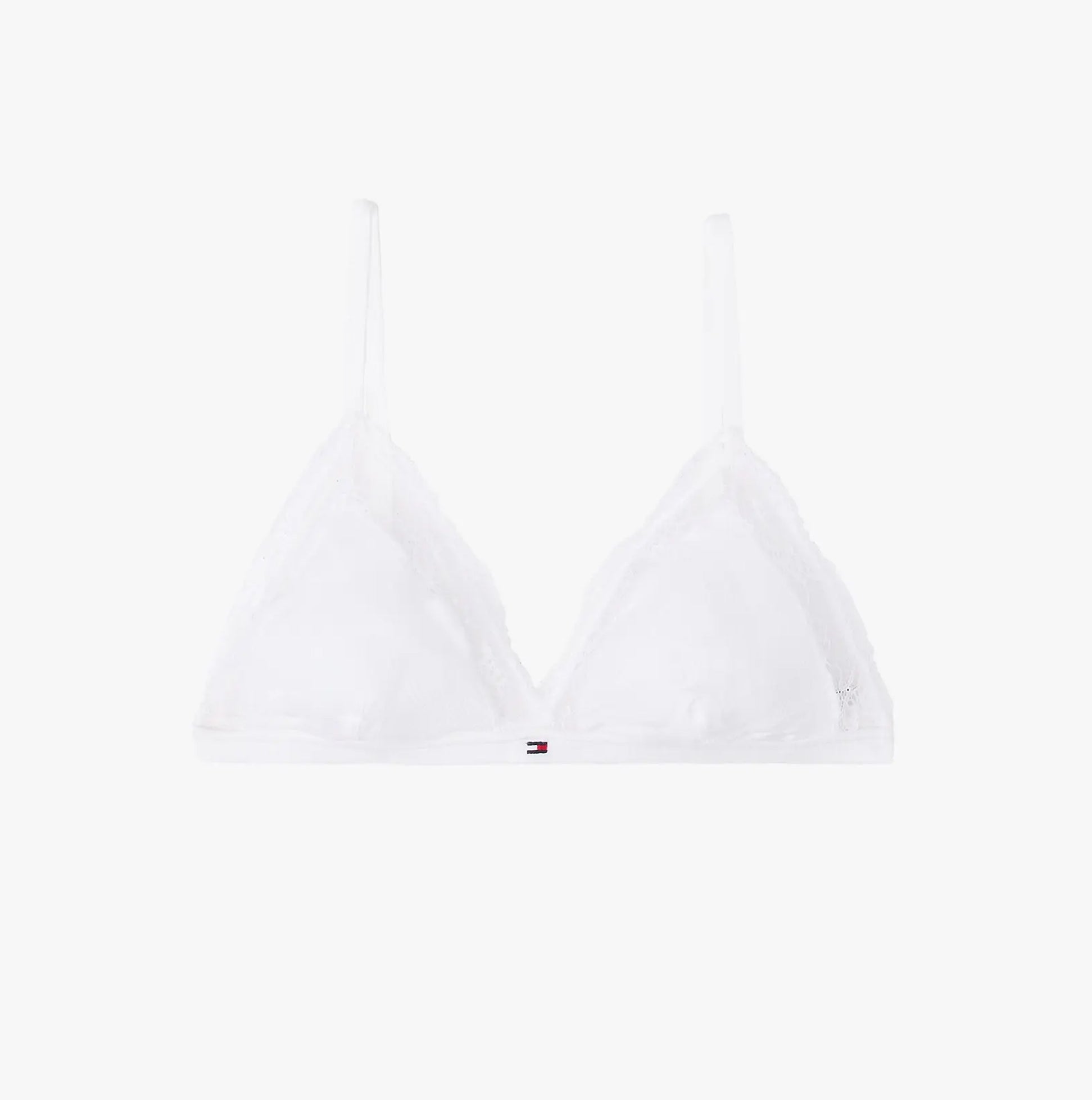 Tommy Hilfiger RIBBED Womens Unlined Triangle Bra White front view showing ribbed texture and lace trim.