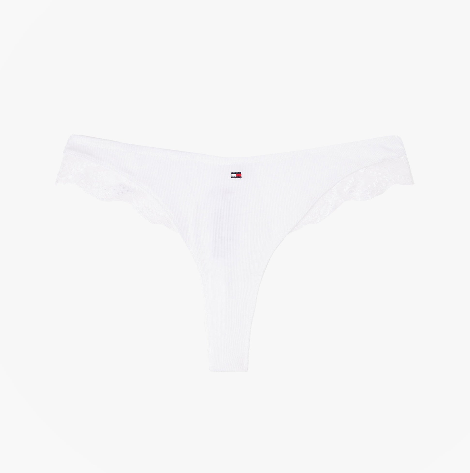 Tommy Hilfiger LACE TRIM Womens Dipped Thong White front view with lace trim and logo detail.