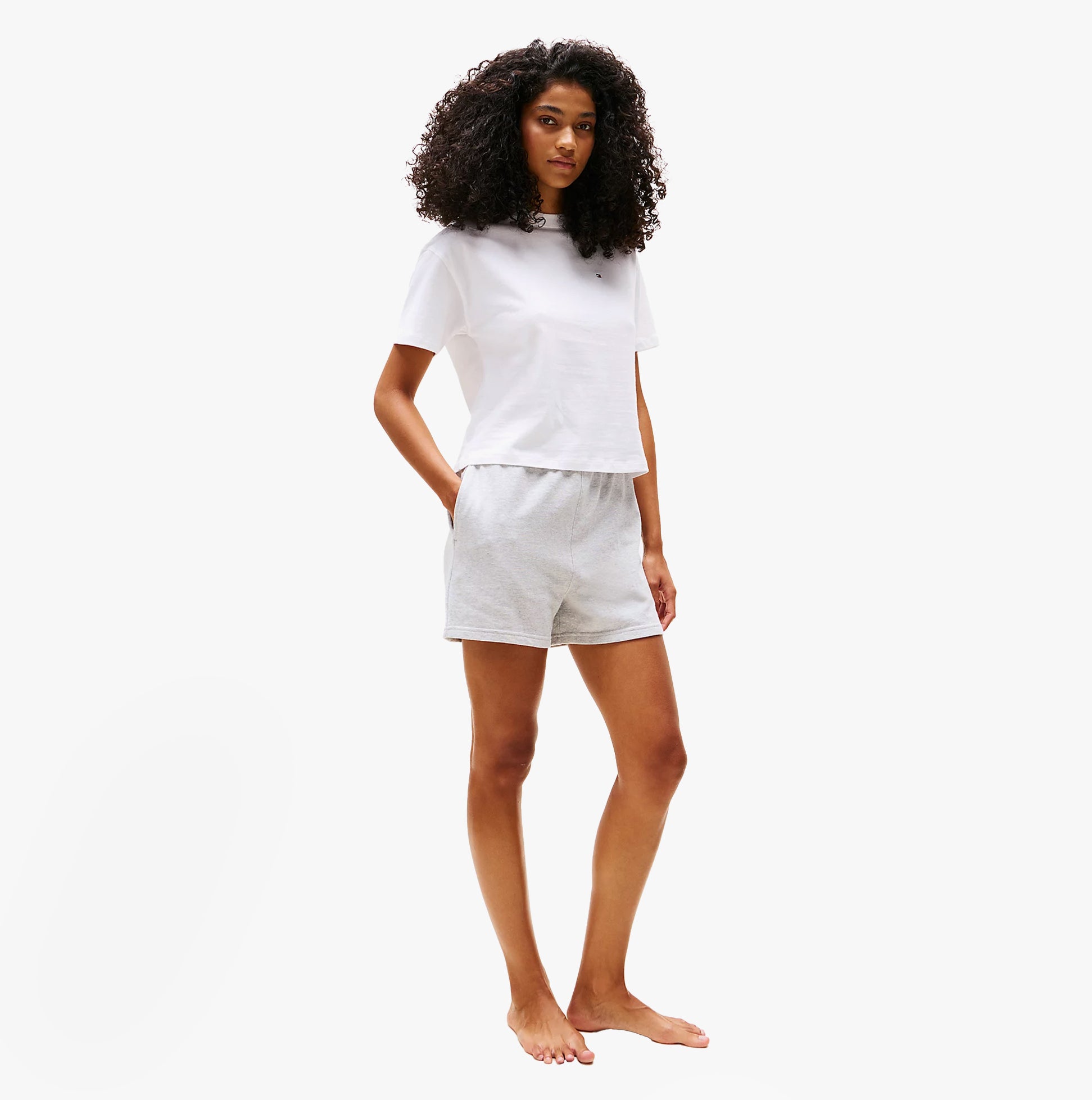 Tommy Hilfiger PURE COTTON Relaxed T-Shirt Womens White front view on model with shorts.