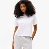 Tommy Hilfiger PURE COTTON Relaxed T-Shirt Womens White front view with model wearing it, showcasing crew neckline and short sleeves.