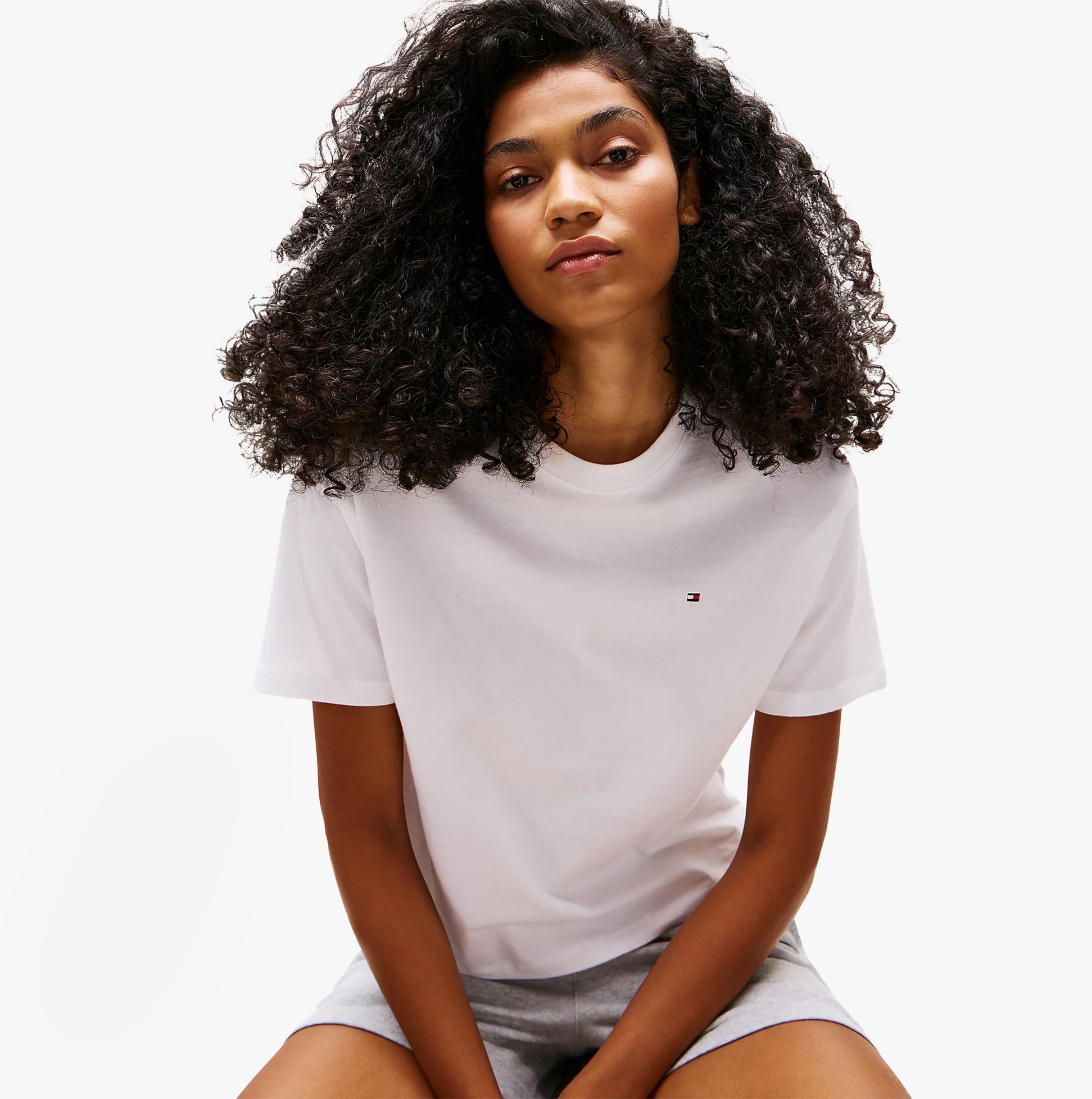 Tommy Hilfiger PURE COTTON Relaxed T-Shirt Womens White front view with model showcasing short sleeves and crew neckline.