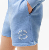 Tommy Hilfiger LOGO Relaxed Womens Lounge Shorts Brisk Blue detail view showcasing Hilfiger NYC logo on the leg.