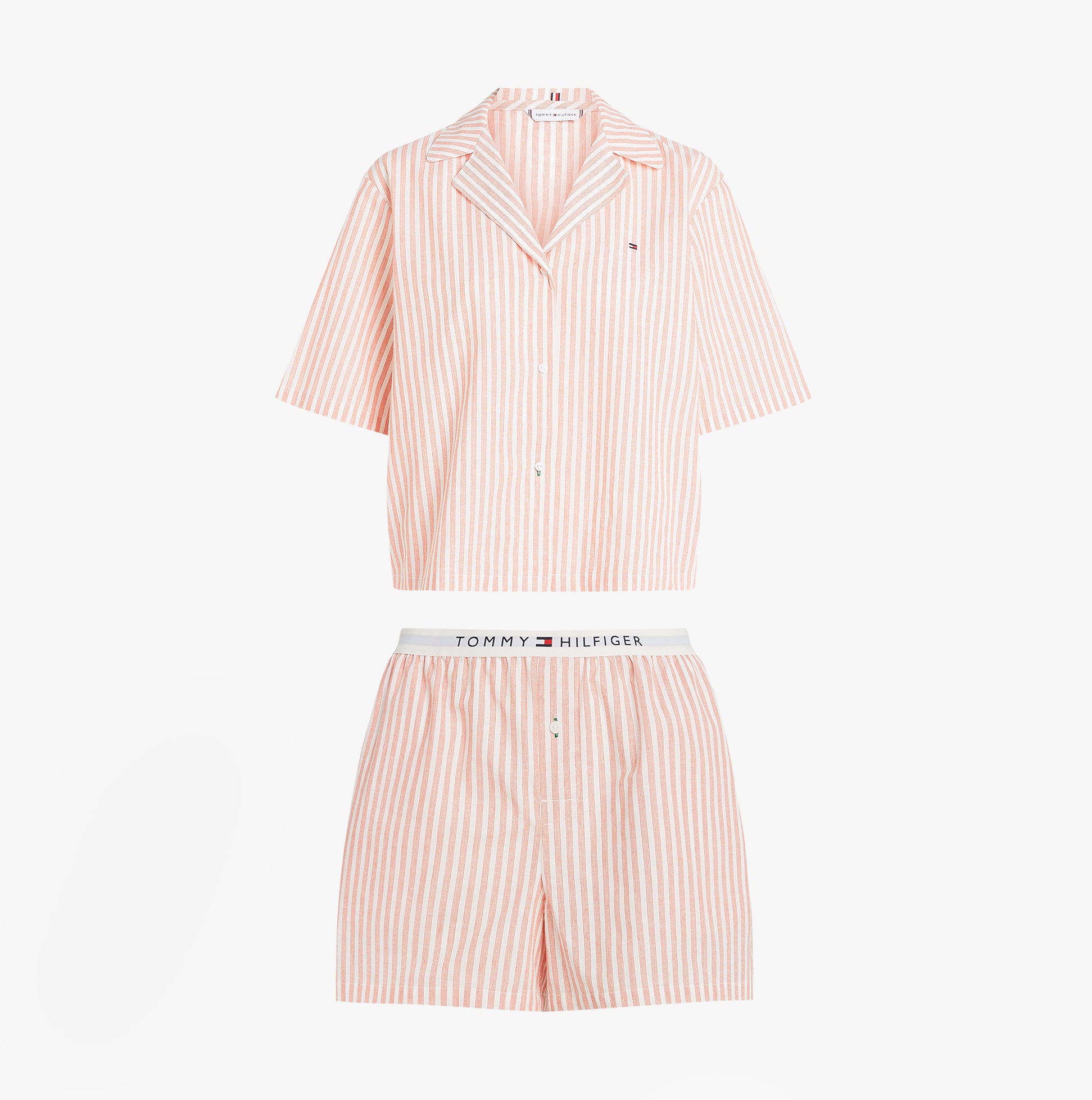 Tommy Hilfiger LINEN Relaxed Pyjama Set Womens Multicoloured front view featuring short shirt and elasticated waistband shorts.