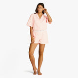 Tommy Hilfiger LINEN Relaxed Pyjama Set Womens Multicoloured front view model wearing short sleeve shirt and shorts.