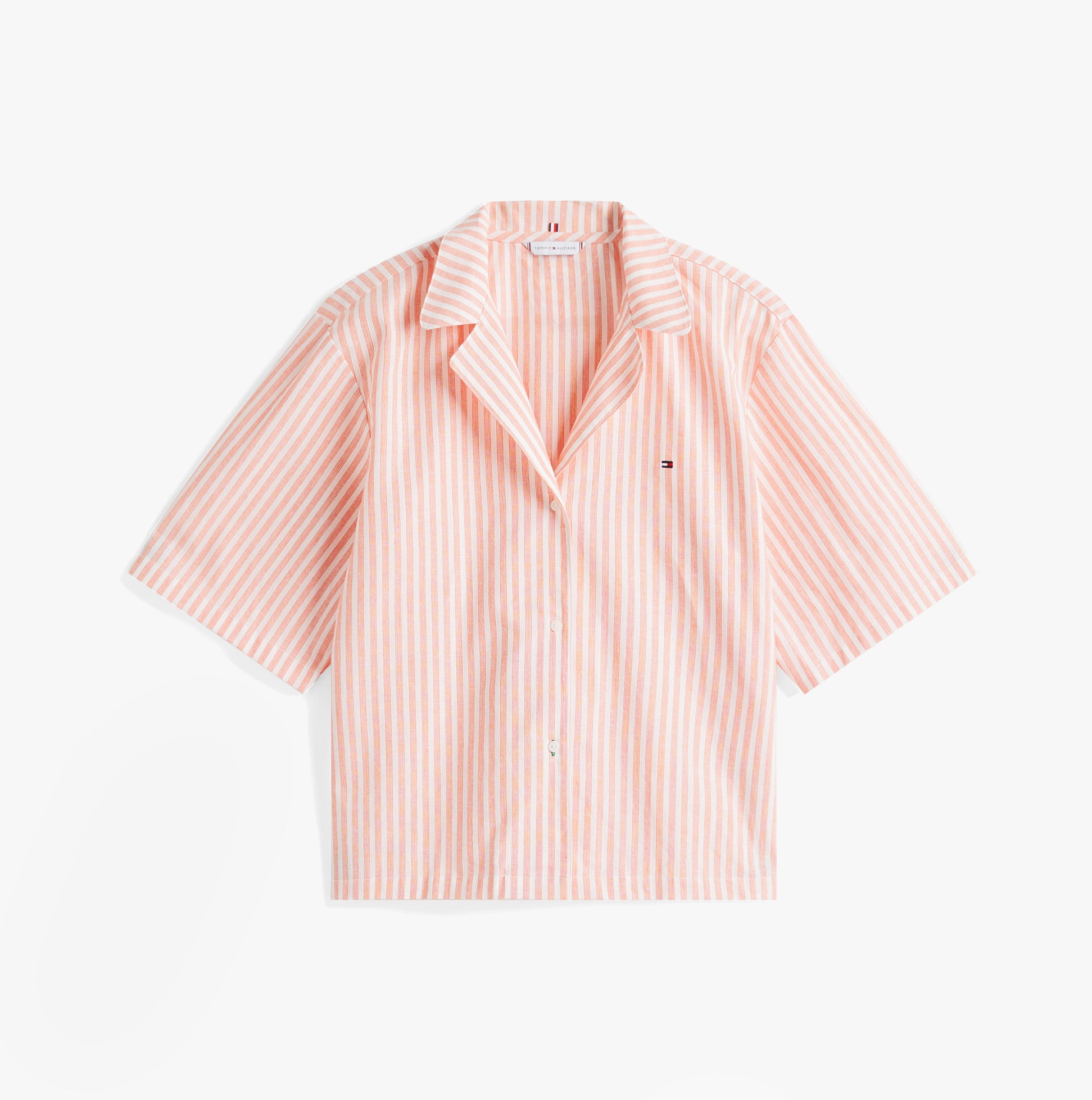 Tommy Hilfiger LINEN Relaxed Pyjama Set Womens Multicoloured short sleeve camp collar shirt in peach and white stripes front view.