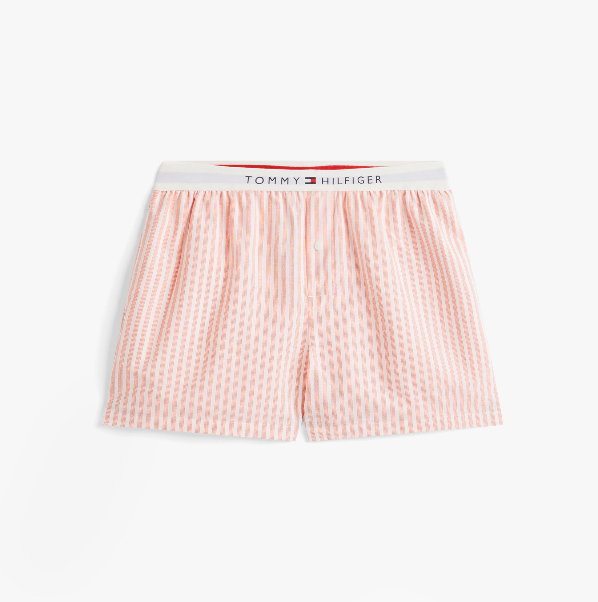 Tommy Hilfiger LINEN Relaxed Pyjama Set Womens Multicoloured front view showing multicoloured striped shorts with logo waistband.