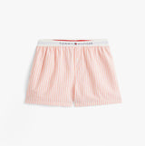 Tommy Hilfiger LINEN Relaxed Pyjama Set Womens Multicoloured front view showing multicoloured striped shorts with logo waistband.