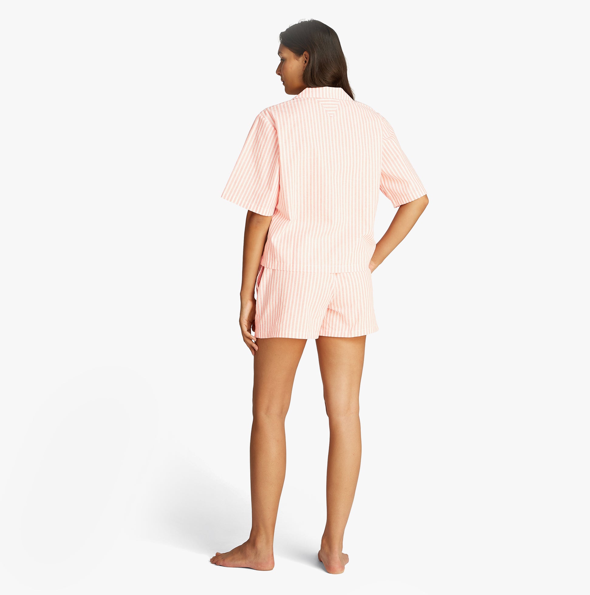 Tommy Hilfiger LINEN Relaxed Pyjama Set Womens Multicoloured back view showing pink striped camp collar shirt and shorts.