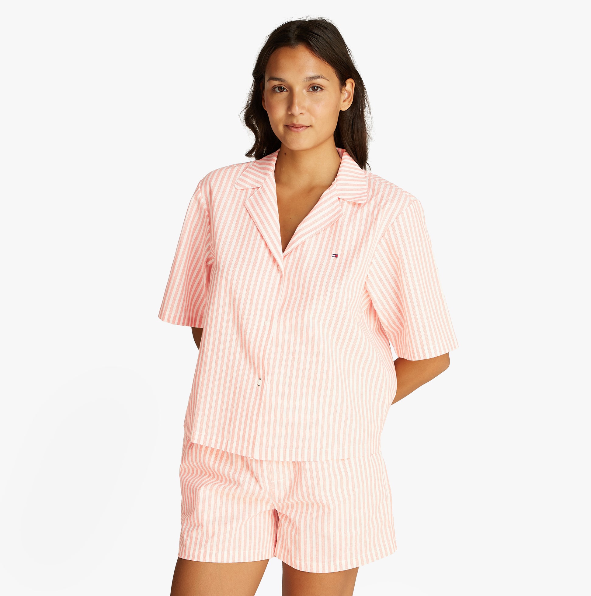 Tommy Hilfiger LINEN Relaxed Pyjama Set Womens Multicoloured front view showing camp collar shirt and shorts.