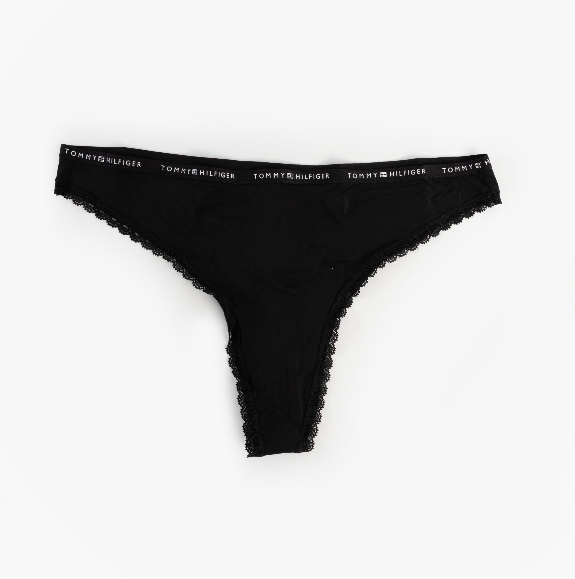 Tommy Hilfiger LACE 3 Pack Womens Thongs Black side view featuring lace detailing and signature waistband.