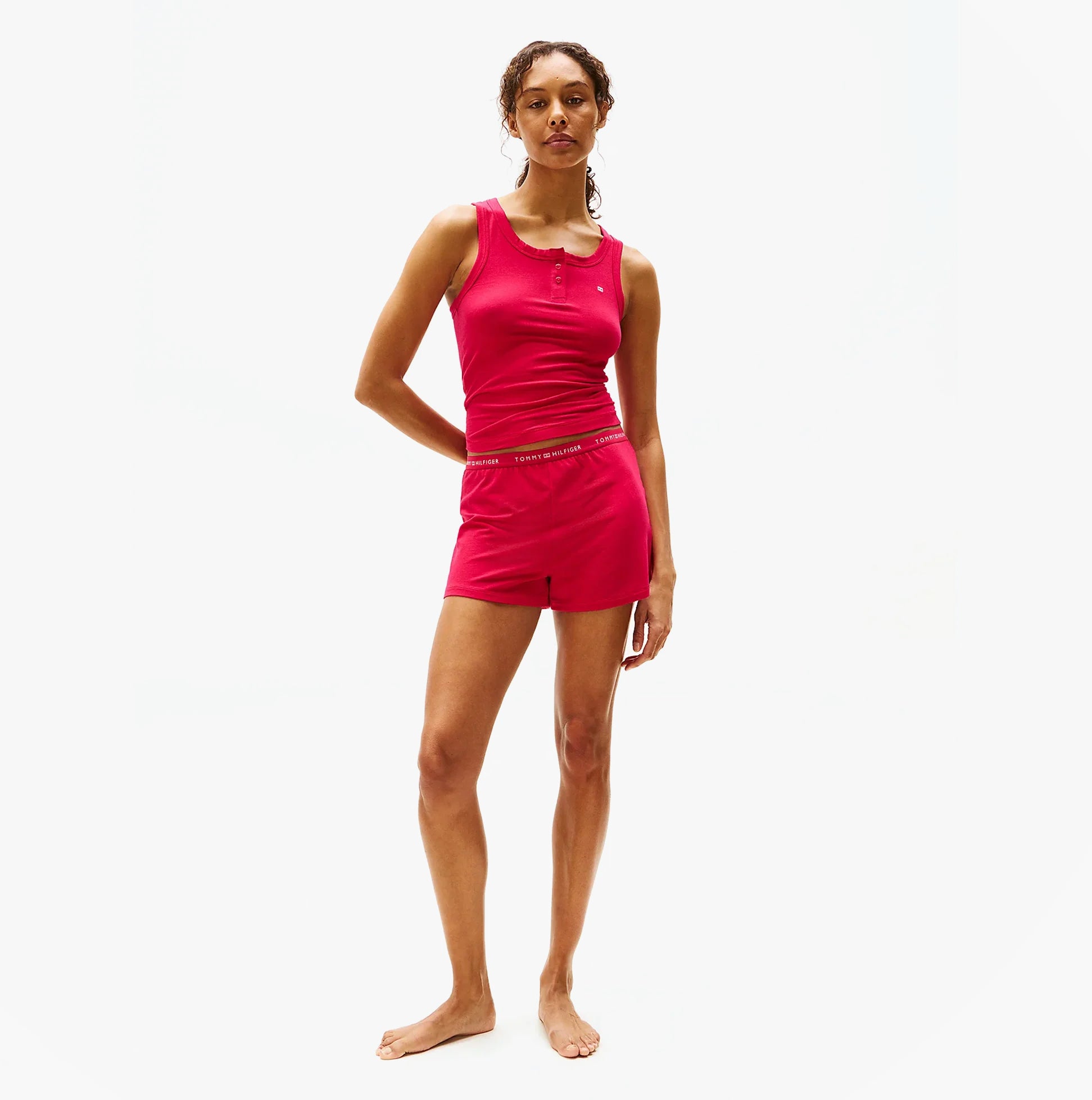 Tommy Hilfiger LOGO Womens Racerback Pyjama Set Vivacious Pink front view showcasing the tank top and shorts.