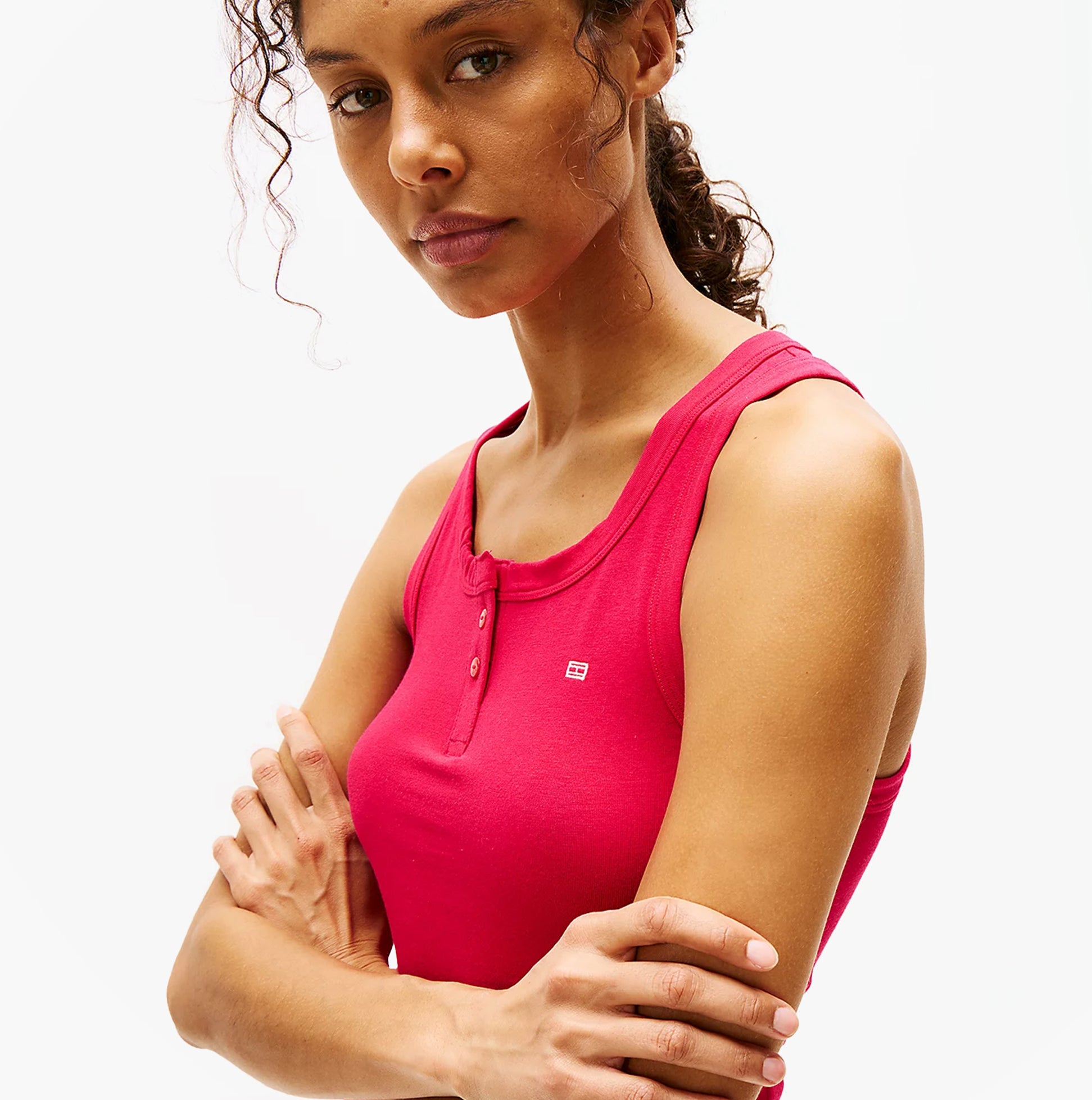 Tommy Hilfiger LOGO Womens Racerback Pyjama Set Vivacious Pink front view, showcasing the sleeveless design and TH logo.