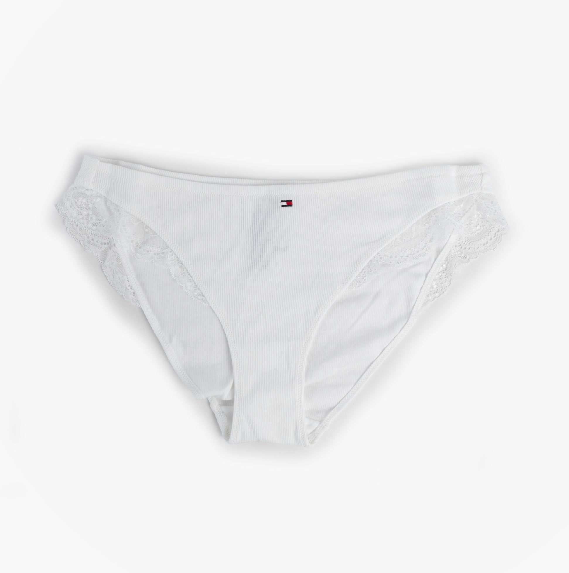 Tommy Hilfiger DIPPED BIKINI Womens White front view showing lace trim and dipped waist design.