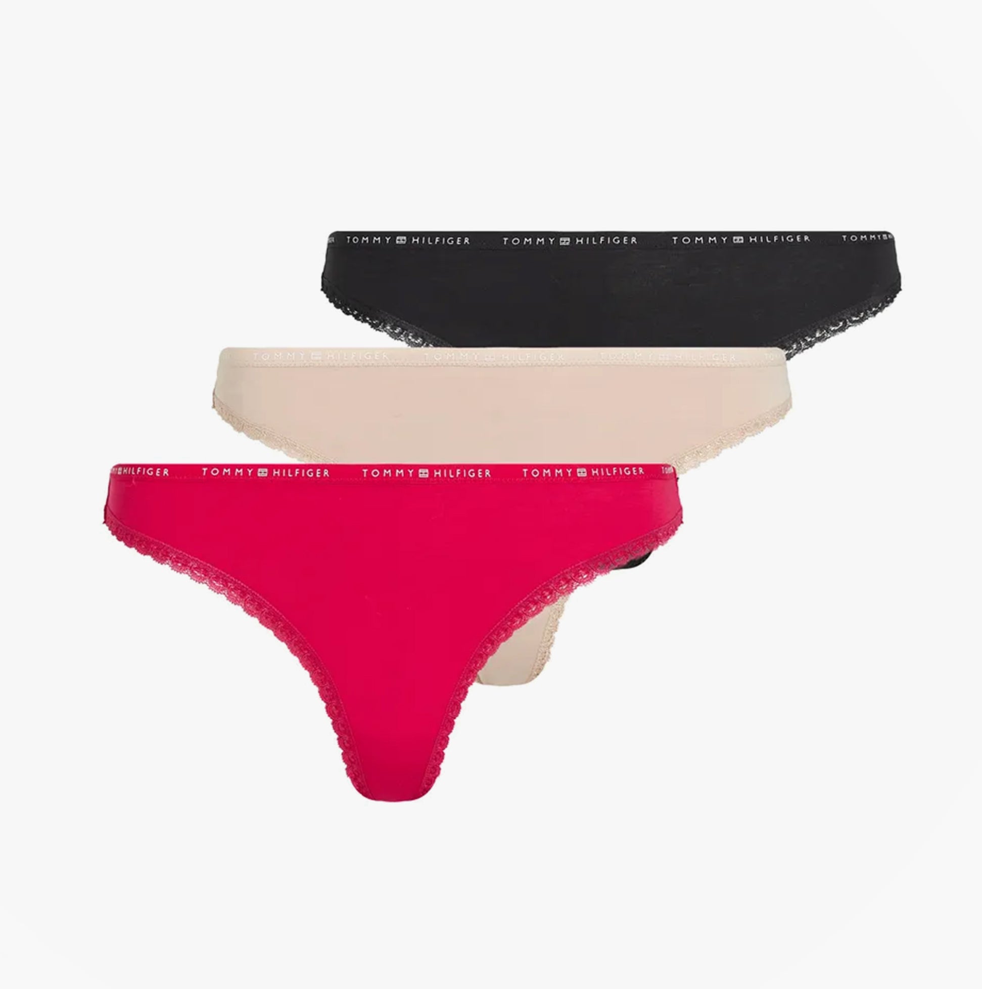 Tommy Hilfiger 3 PACK LACE Womens Thong Multicoloured, side view highlighting black, nude, and pink thongs with logo waistband.