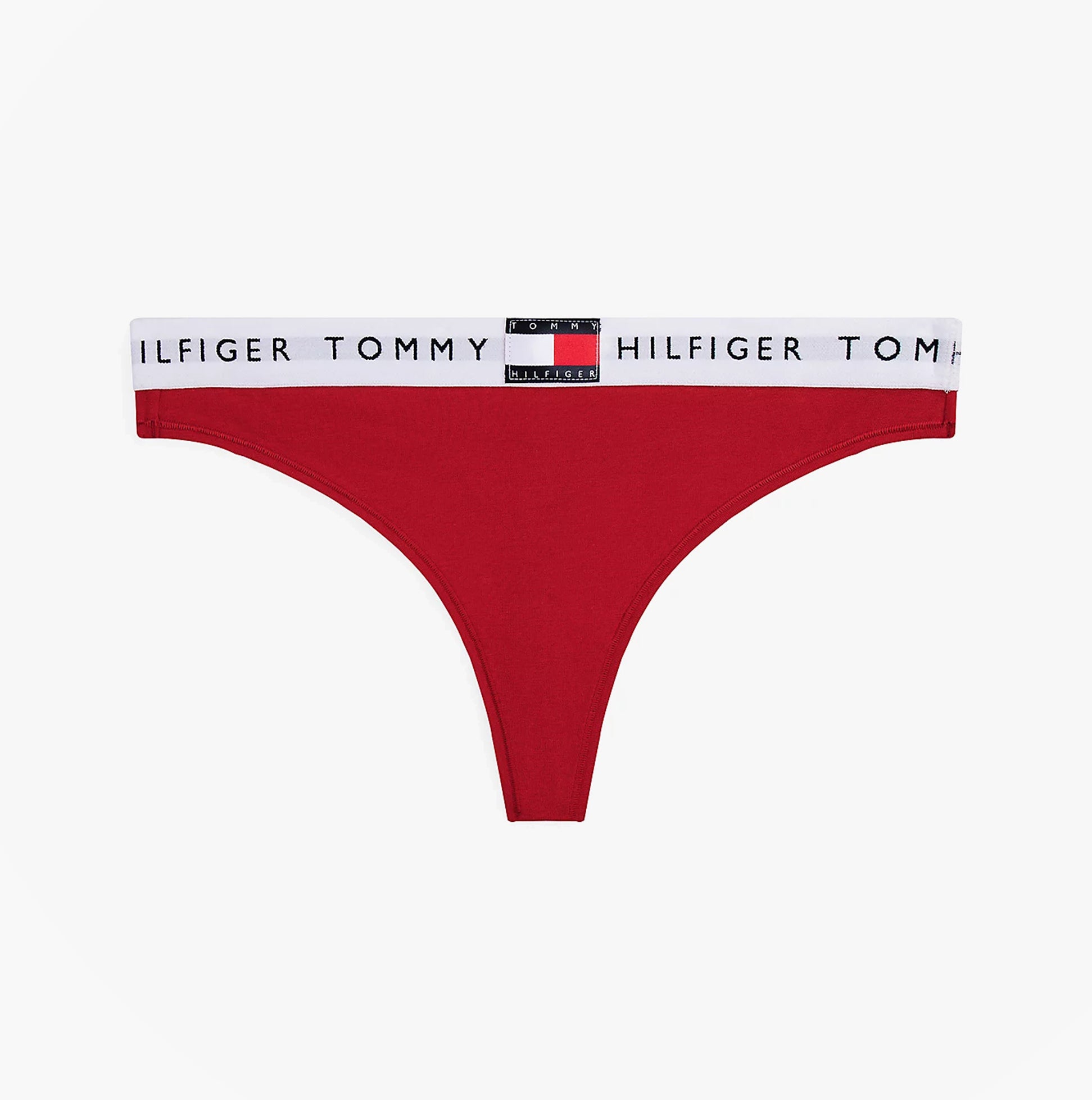 Tommy Hilfiger HERITAGE Womens Classic Thong Primary Red front view showcasing stretch cotton material and logo elasticated waistband.