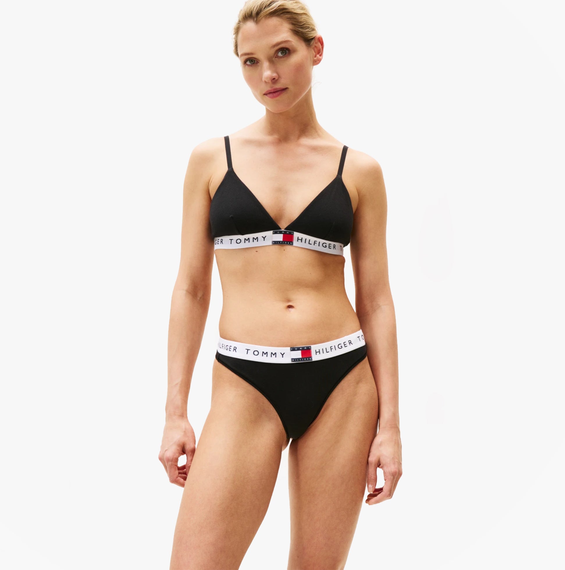 Tommy Hilfiger RP TRIANGLE BRA Womens Black front view showing lightly lined moulded cups and TH repeat logo underband.