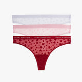 Tommy Hilfiger GIFT 3 PACK THONG Womens Thong Multicoloured, featuring a front view of red, pink, and purple thongs with star patterns.
