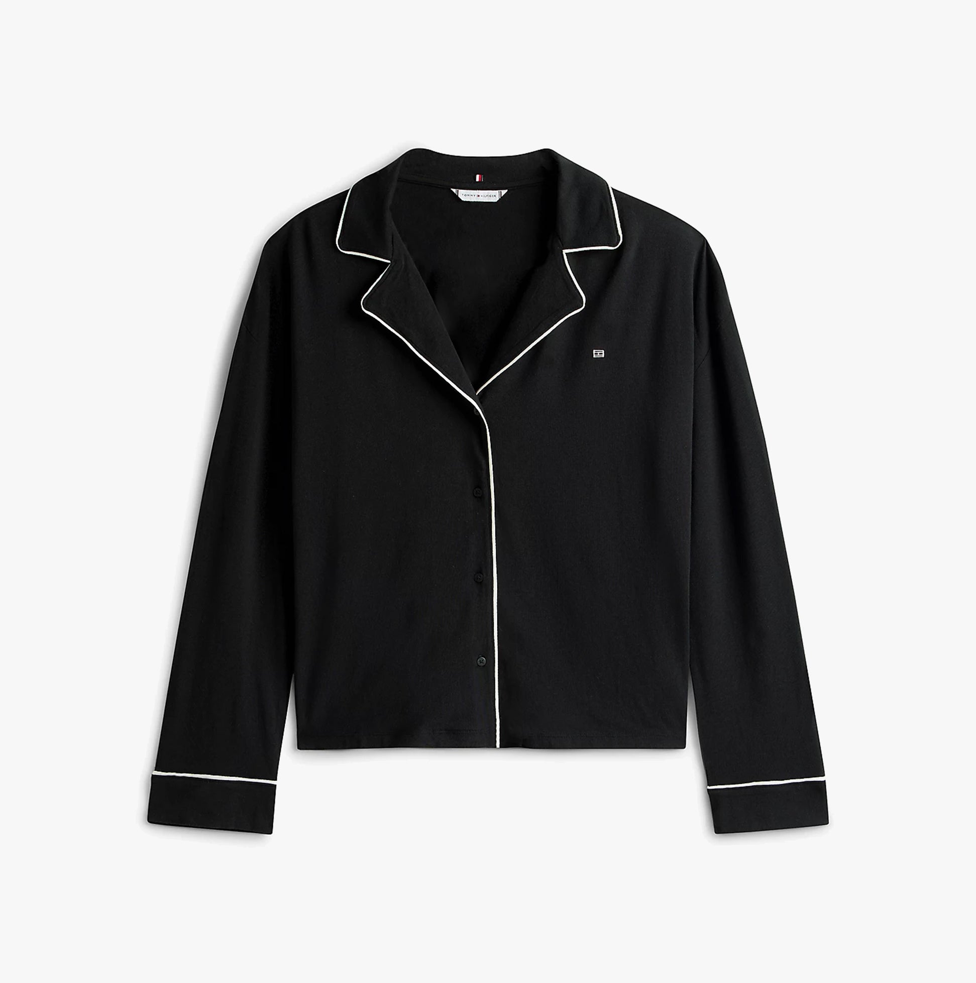 Tommy Hilfiger SHIRT PANTS SET Womens Set Black front view of black long sleeve shirt with white piping.