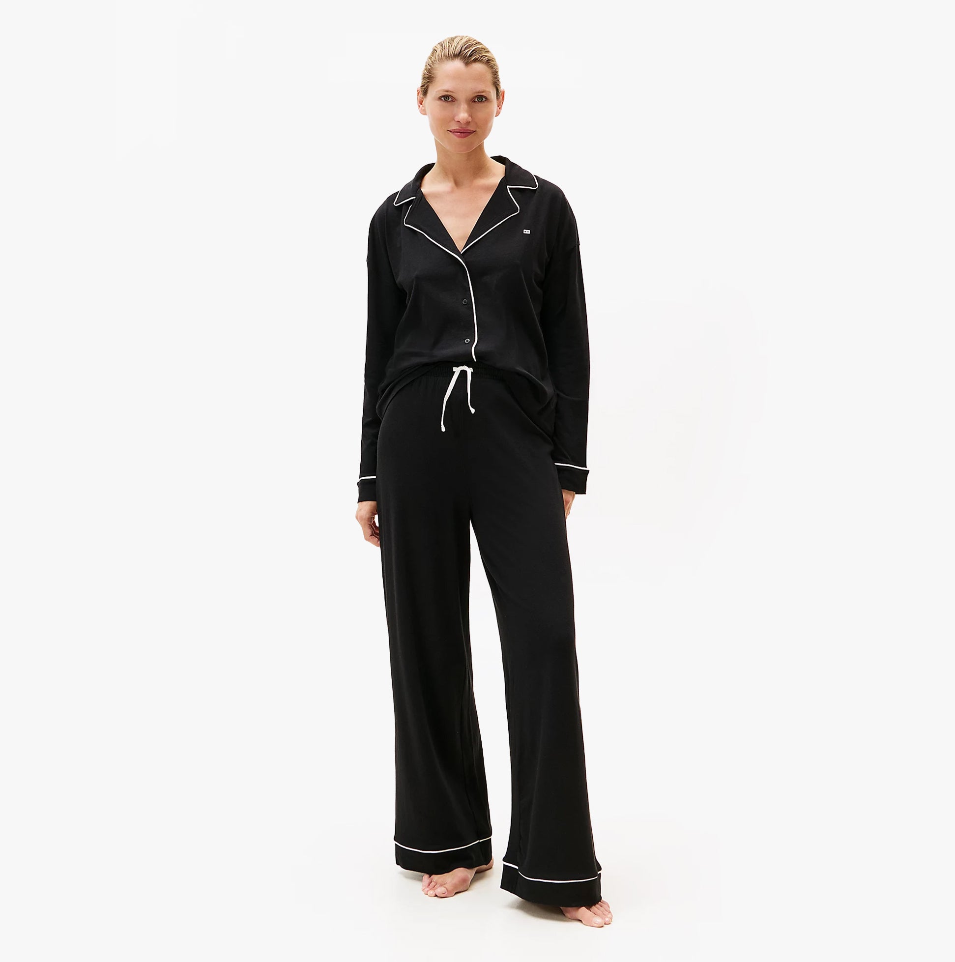 Tommy Hilfiger SHIRT PANTS SET Womens Set Black, front view of relaxed fit long sleeve shirt and pants set.
