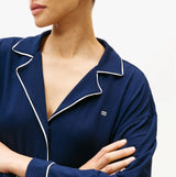 Tommy Hilfiger SHIRT PANTS SET Womens Set Dark Night Navy detail view of shirt's collar and buttons.
