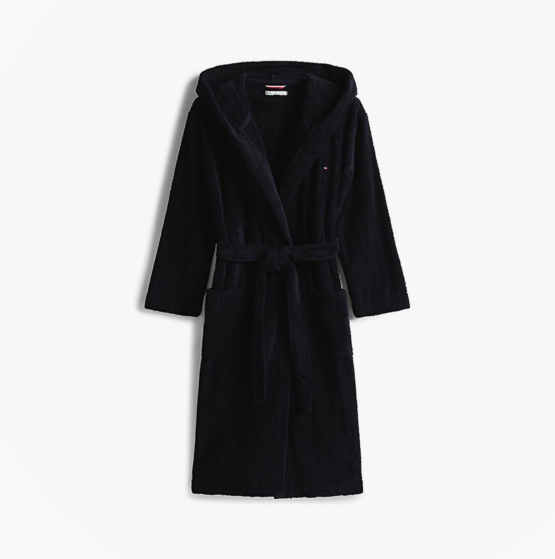 Tommy Hilfiger TOWELLING BATHROBE Womens Bathrobes Desert Sky front view, navy blue, relaxed fit, 100% cotton.