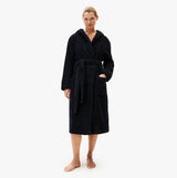 Tommy Hilfiger TOWELLING BATHROBE Womens Bathrobes Desert Sky front view on model with hood, long sleeve, relaxed fit.