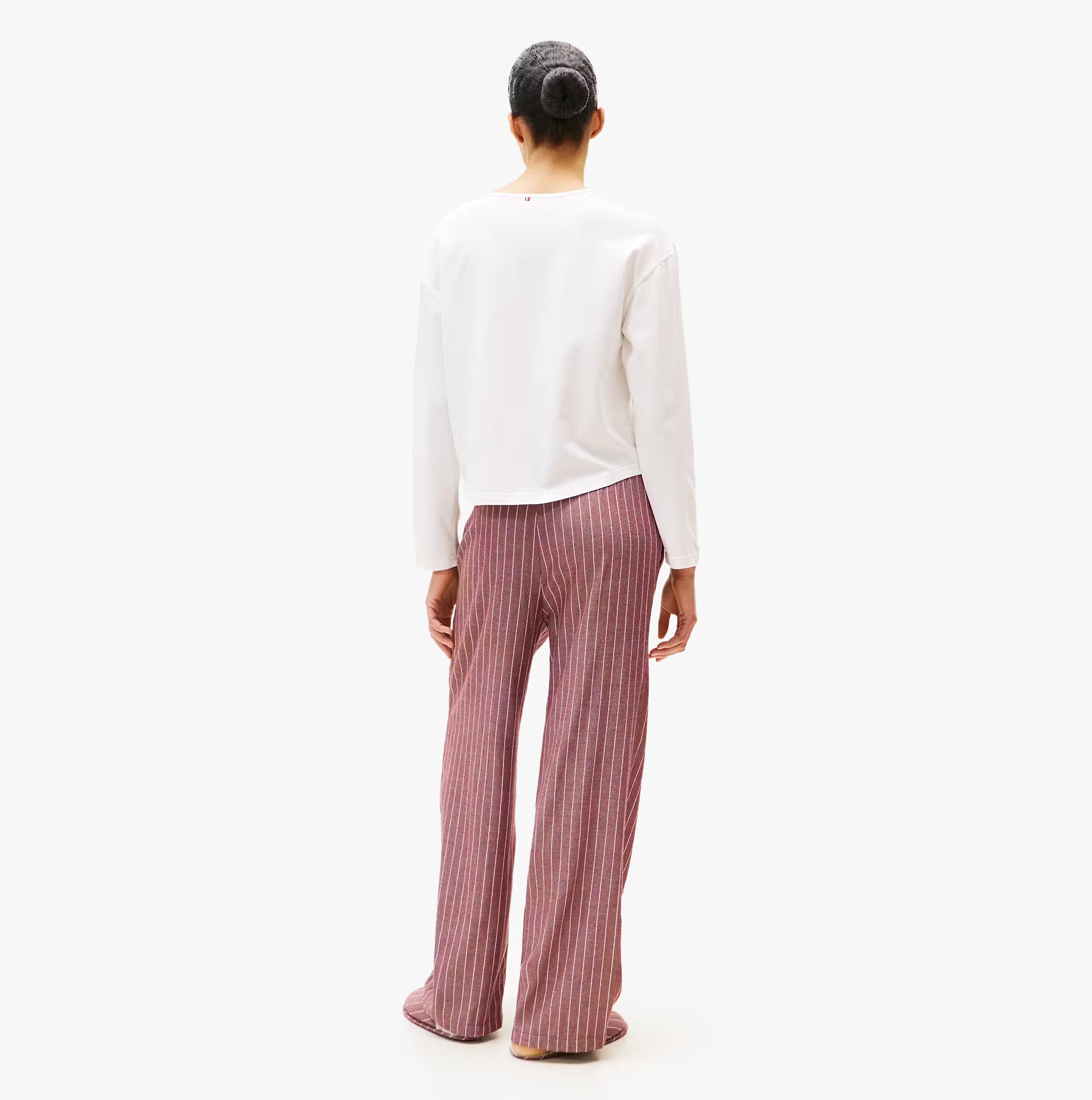 Tommy Hilfiger GIFT LS TEE FLNL SET Womens Pyjama Set Multicoloured back view showing white top and striped pants.