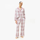 Tommy Hilfiger GIFT LS FLNL SHIRT S Womens Pyjama Set City Plaid Ivory Silk front view model wearing plaid pajamas