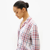 Tommy Hilfiger GIFT LS FLNL SHIRT S Womens Pyjama Set City Plaid Ivory Silk side view showing the red, blue, and white plaid pattern.