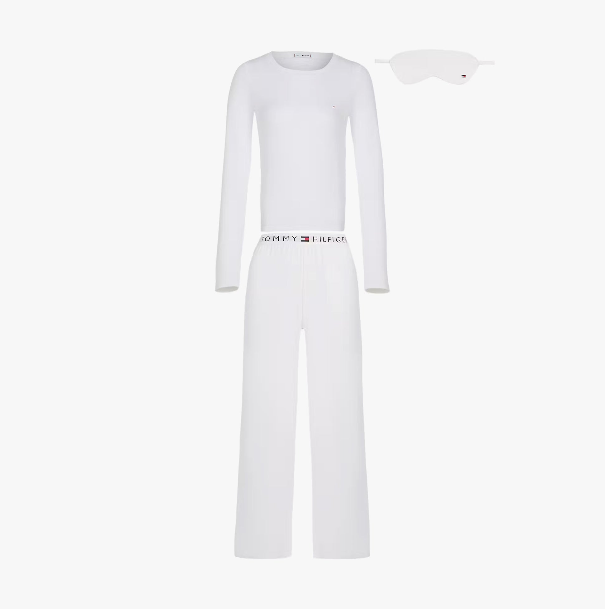Tommy Hilfiger GIFT LS TEE PANTS SE Womens Pyjama Set Ecru front view with eye mask.