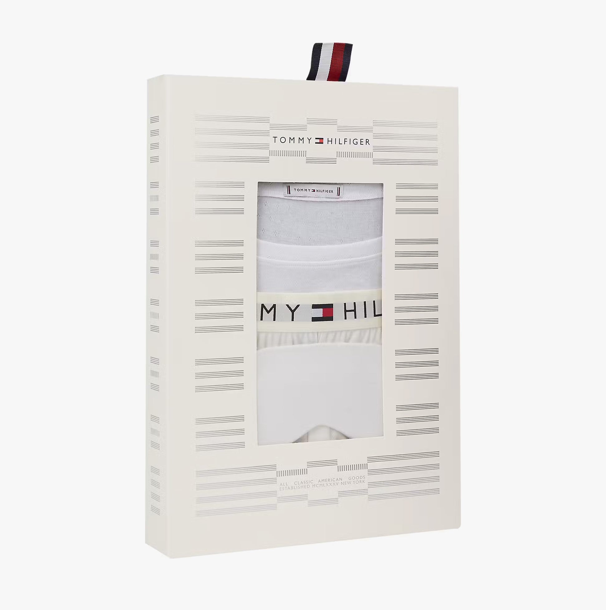Tommy Hilfiger GIFT LS TEE PANTS SE Womens Pyjama Set Ecru in gift box, front view showcasing packaging and logo.