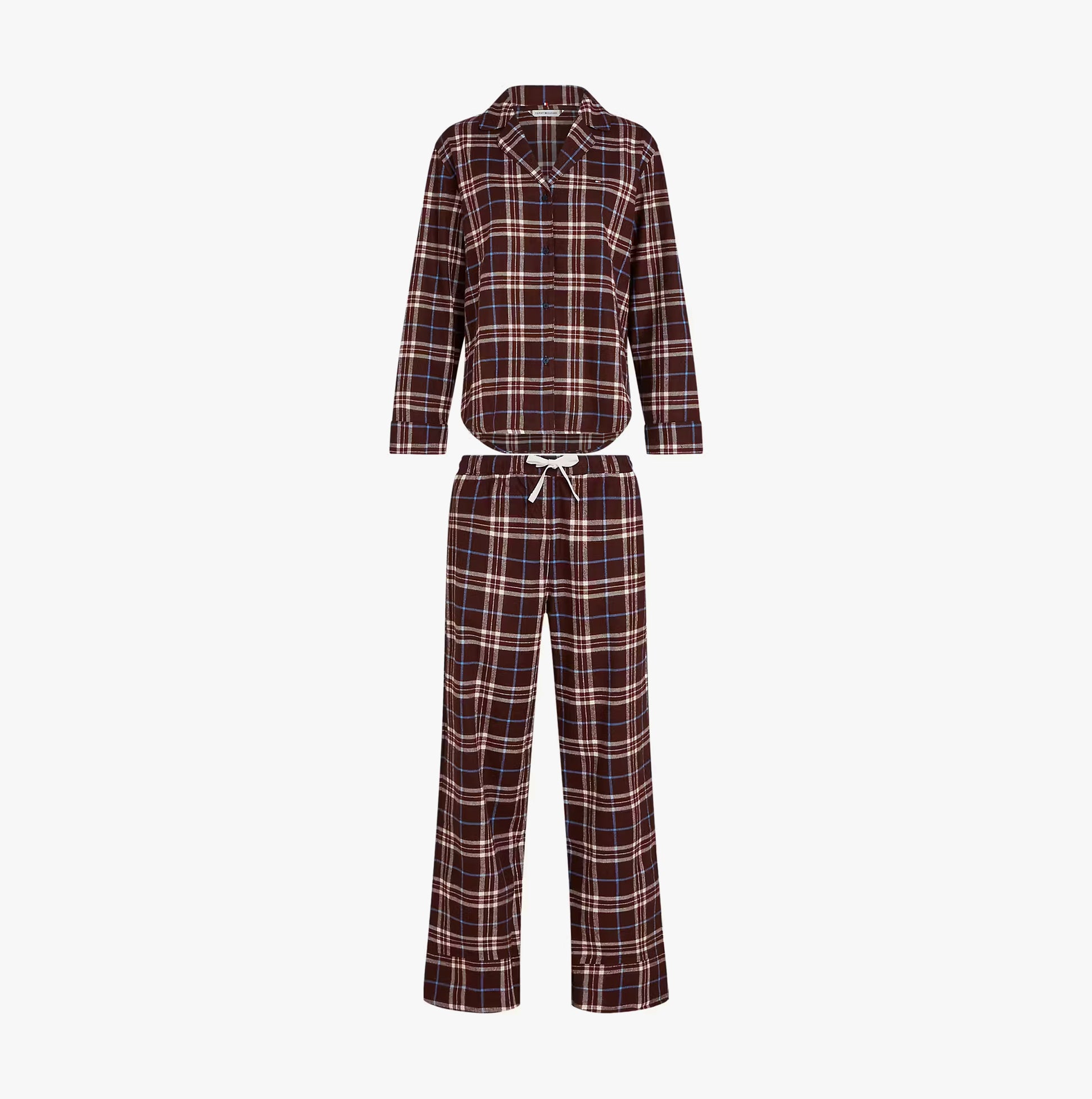 Tommy Hilfiger LS FLNL SHIRT PJ PAN Womens Set Tartan Reiker Burgundy front view showcasing the plaid design.