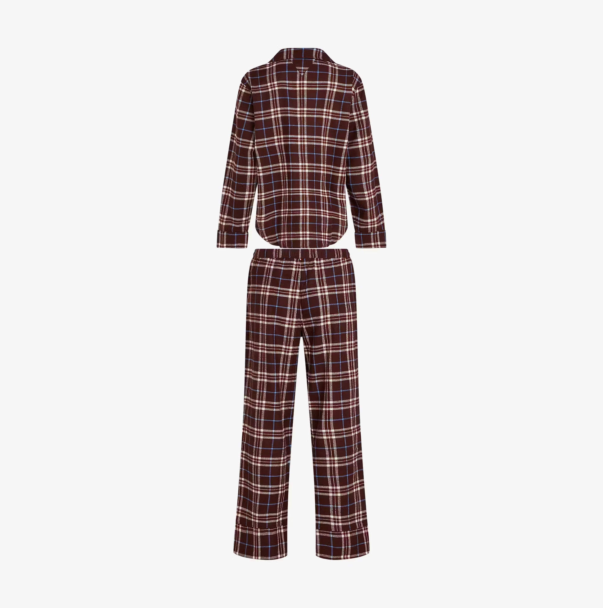 Tommy Hilfiger LS FLNL SHIRT PJ PAN Womens Set Tartan Reiker Burgundy back view showing shirt and pants in tartan pattern.