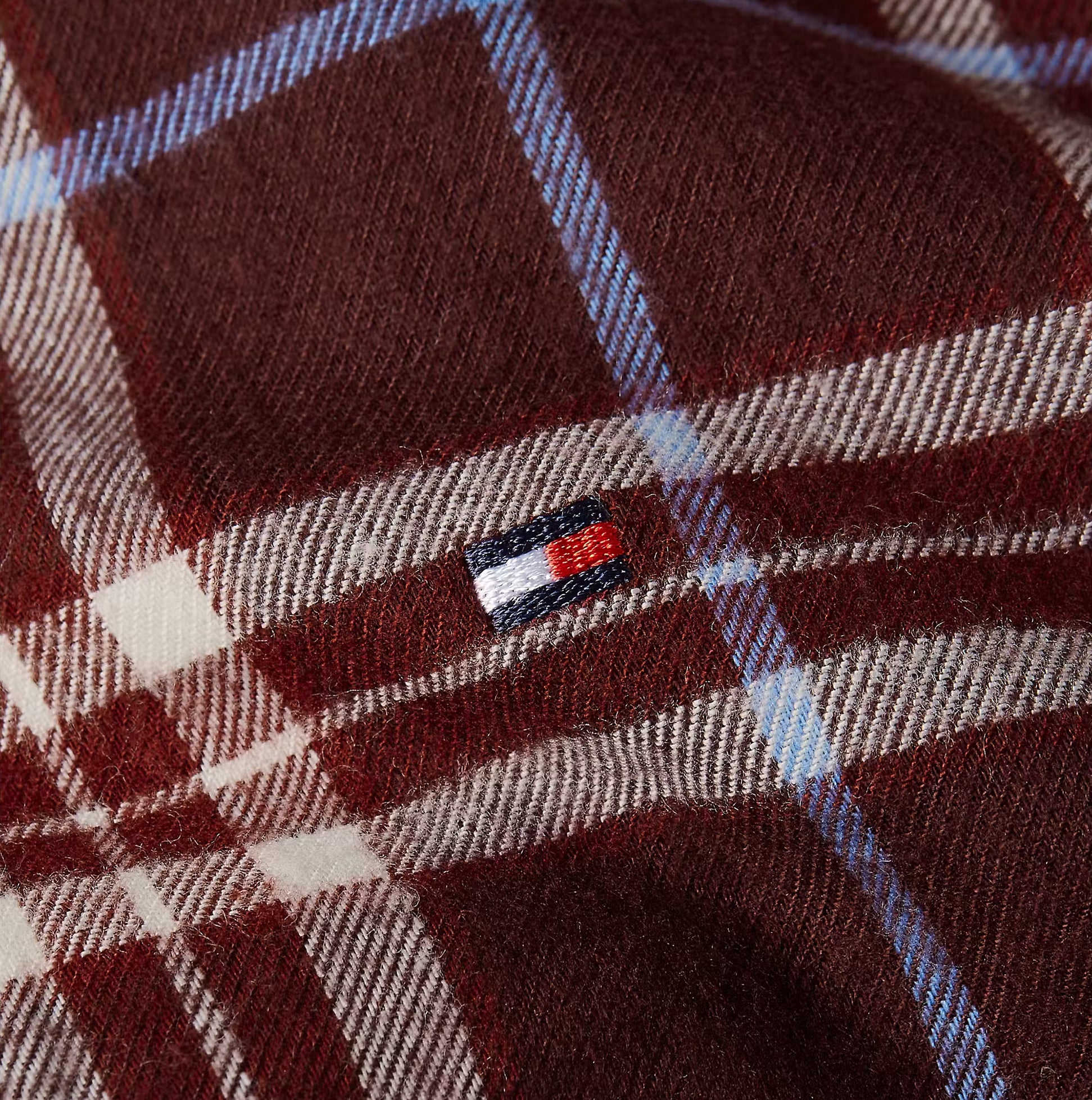 Tommy Hilfiger LS FLNL SHIRT PJ PAN Womens Set Tartan Reiker Burgundy detail view of fabric with logo
