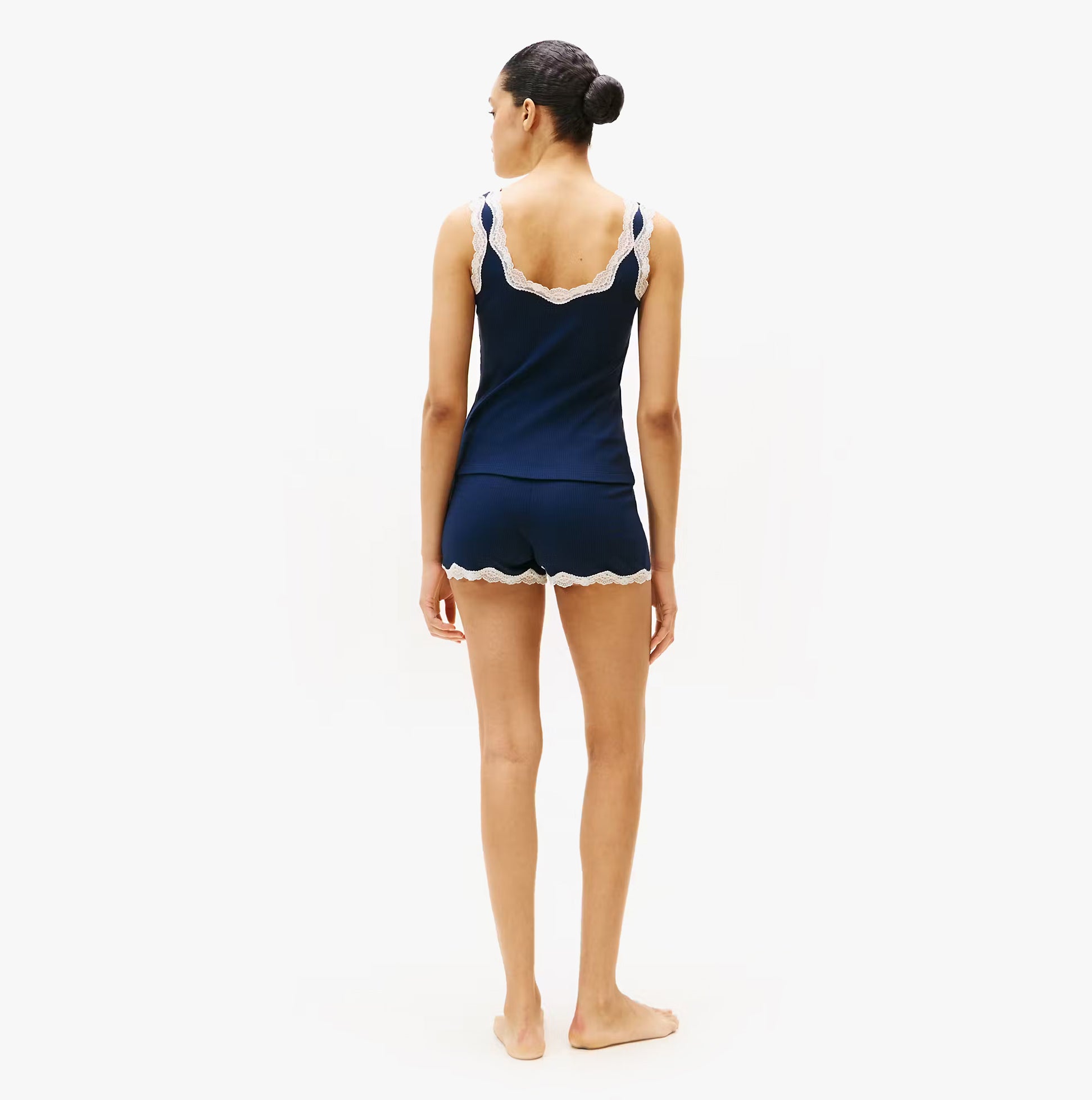 Tommy Hilfiger LACE CAMI SHORT PJ Womens Set Dark Night Navy back view showcasing lace trim and comfortable fit.