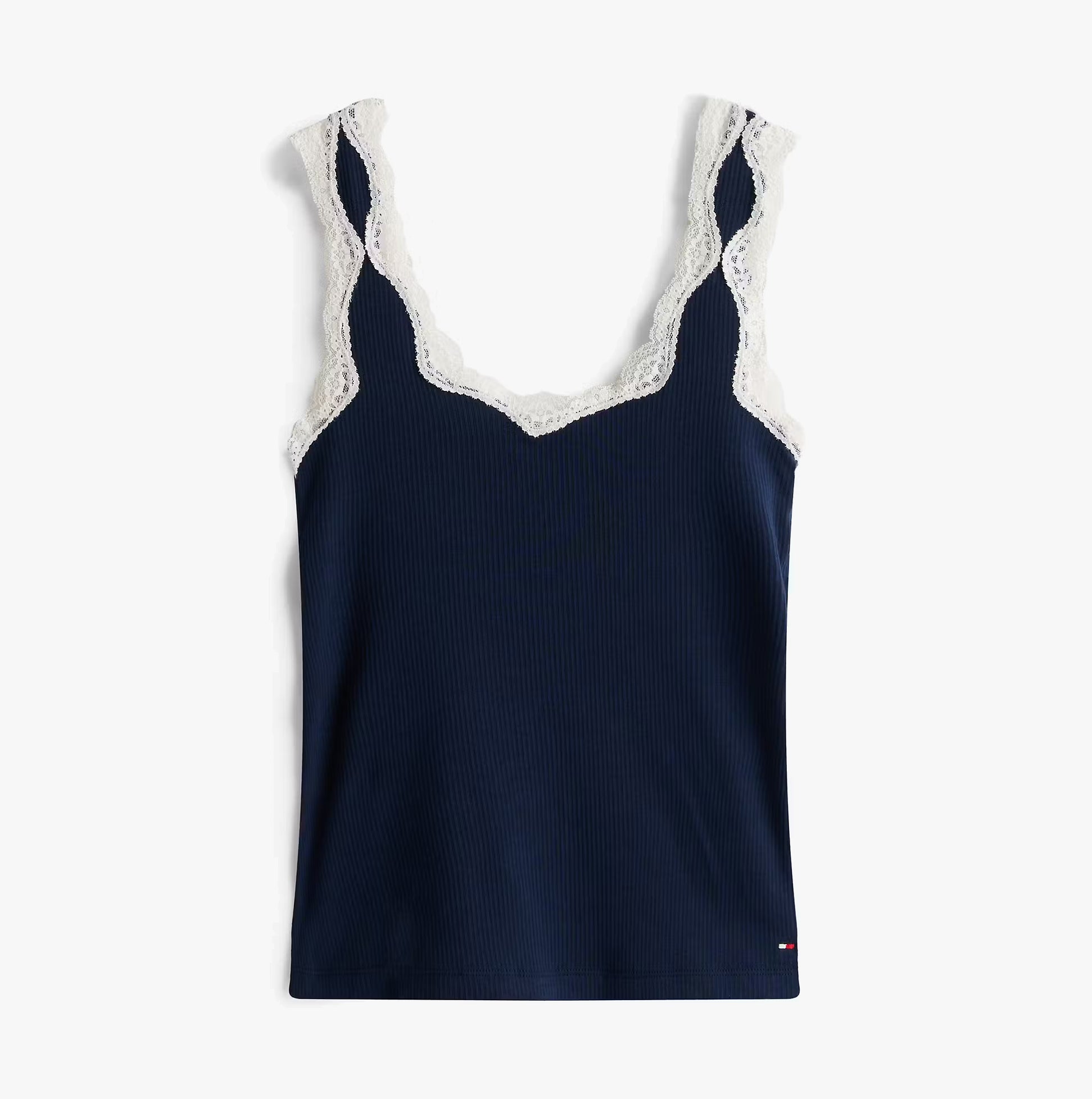 Tommy Hilfiger LACE CAMI SHORT PJ Womens Set Dark Night Navy front view of lace cami with navy fabric.