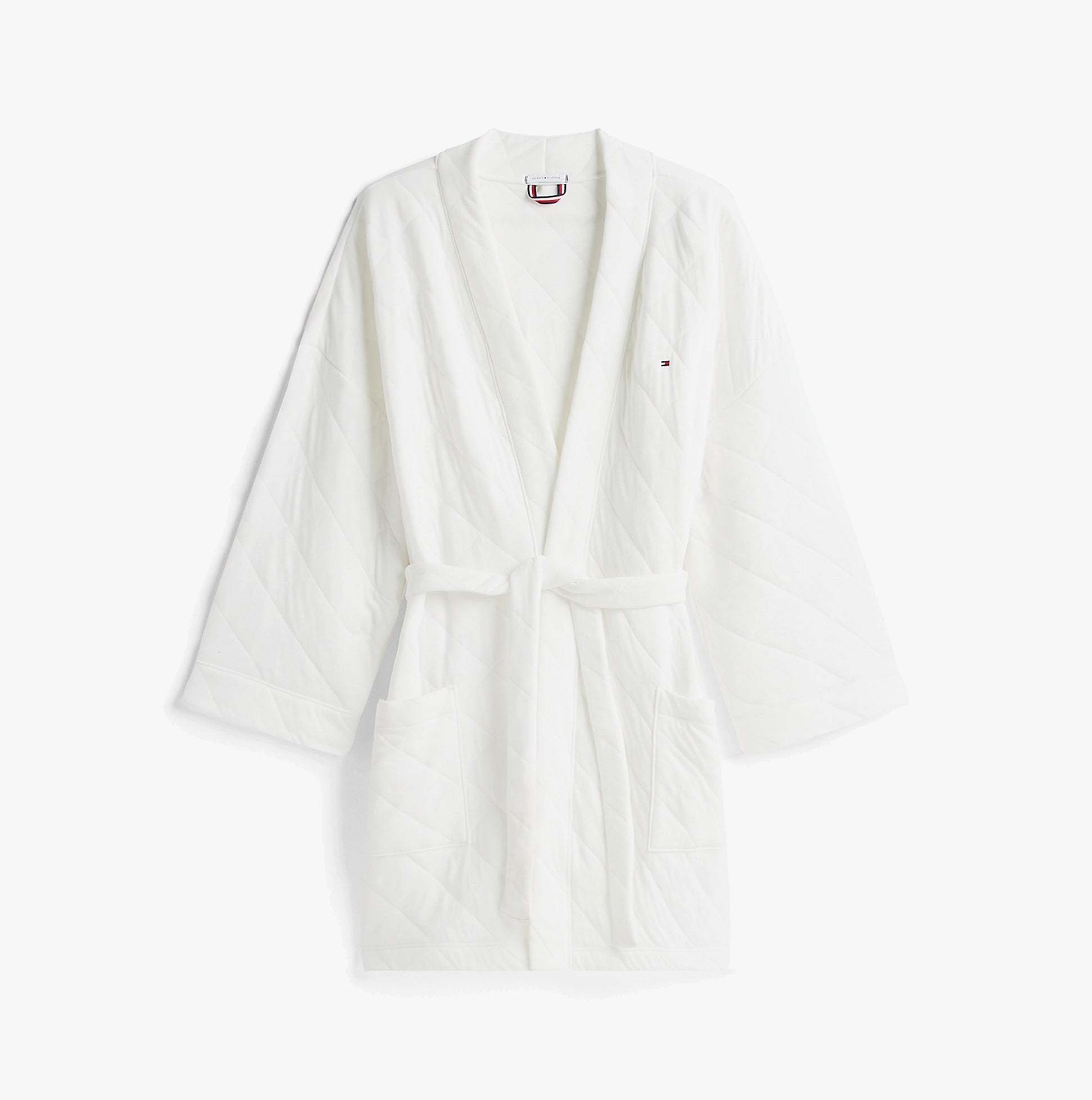 Tommy Hilfiger GIFT QUILTED ROBE Womens Bathrobes Ivory front view showing quilted design and pockets.