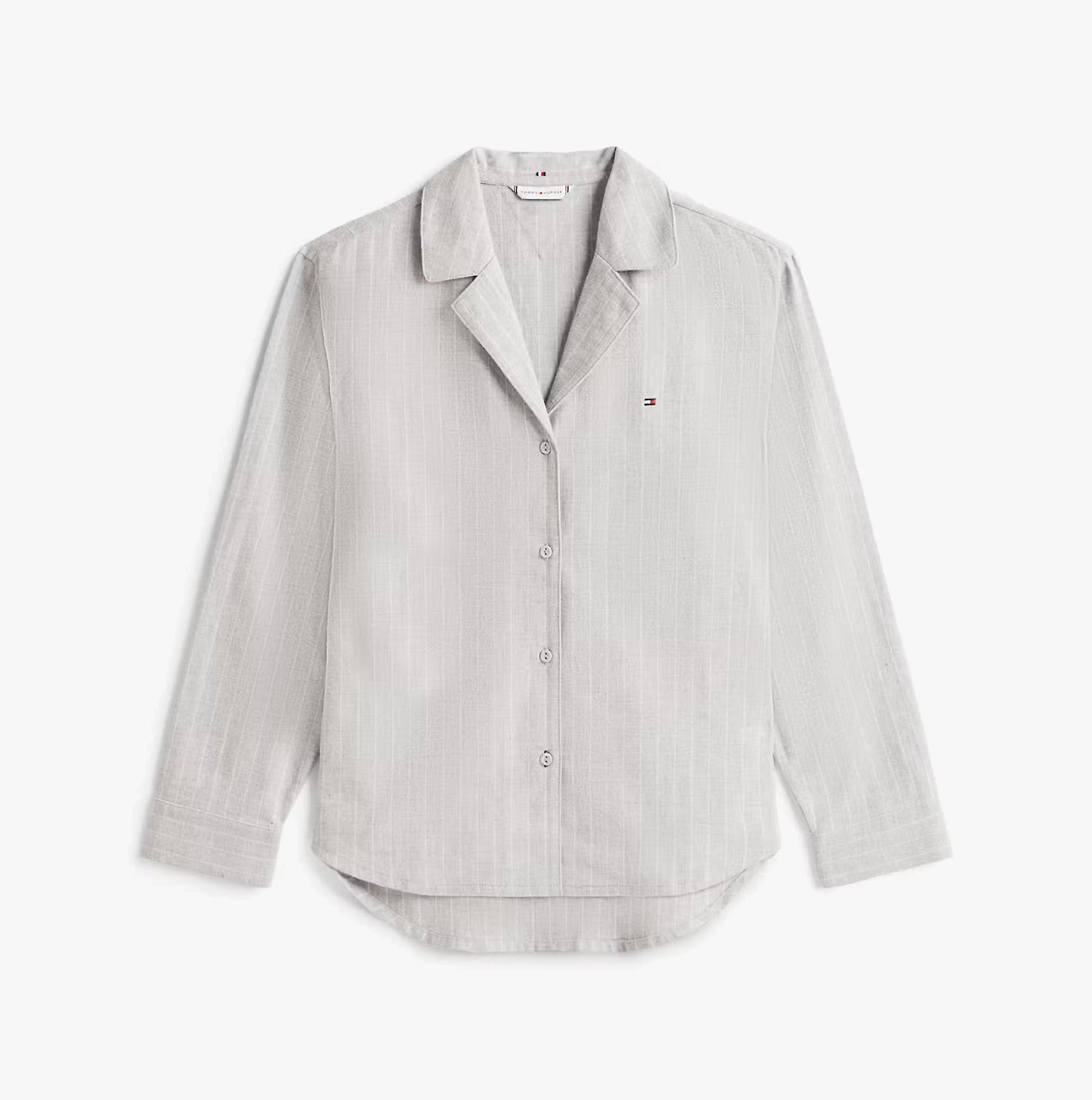 Tommy Hilfiger STRIPE FLANNEL SHIRT Womens Set Thin Stripe Light Grey front view, featuring relaxed fit and long sleeves.