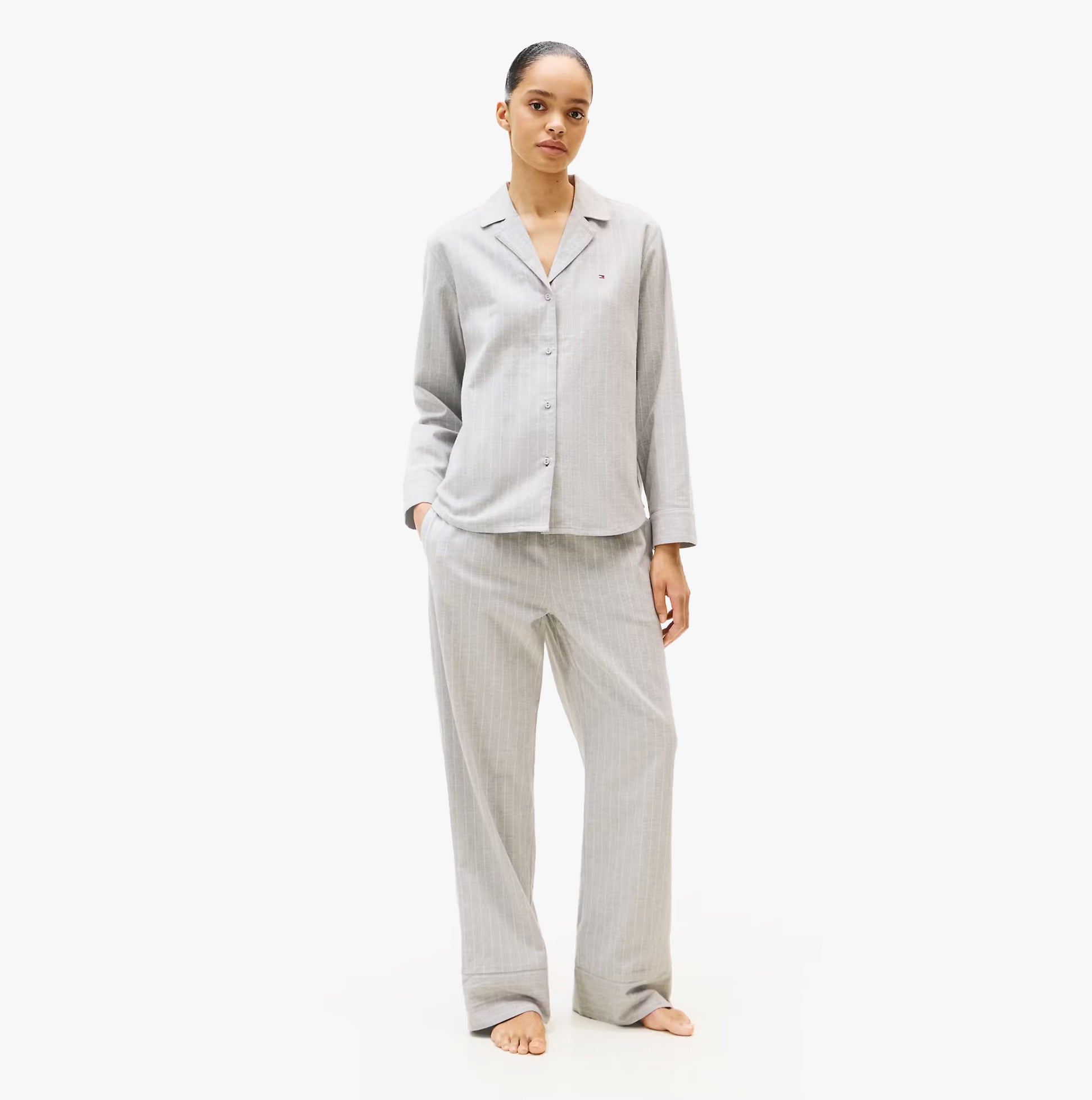 Tommy Hilfiger STRIPE FLANNEL SHIRT Womens Set Thin Stripe Light Grey front view worn by model