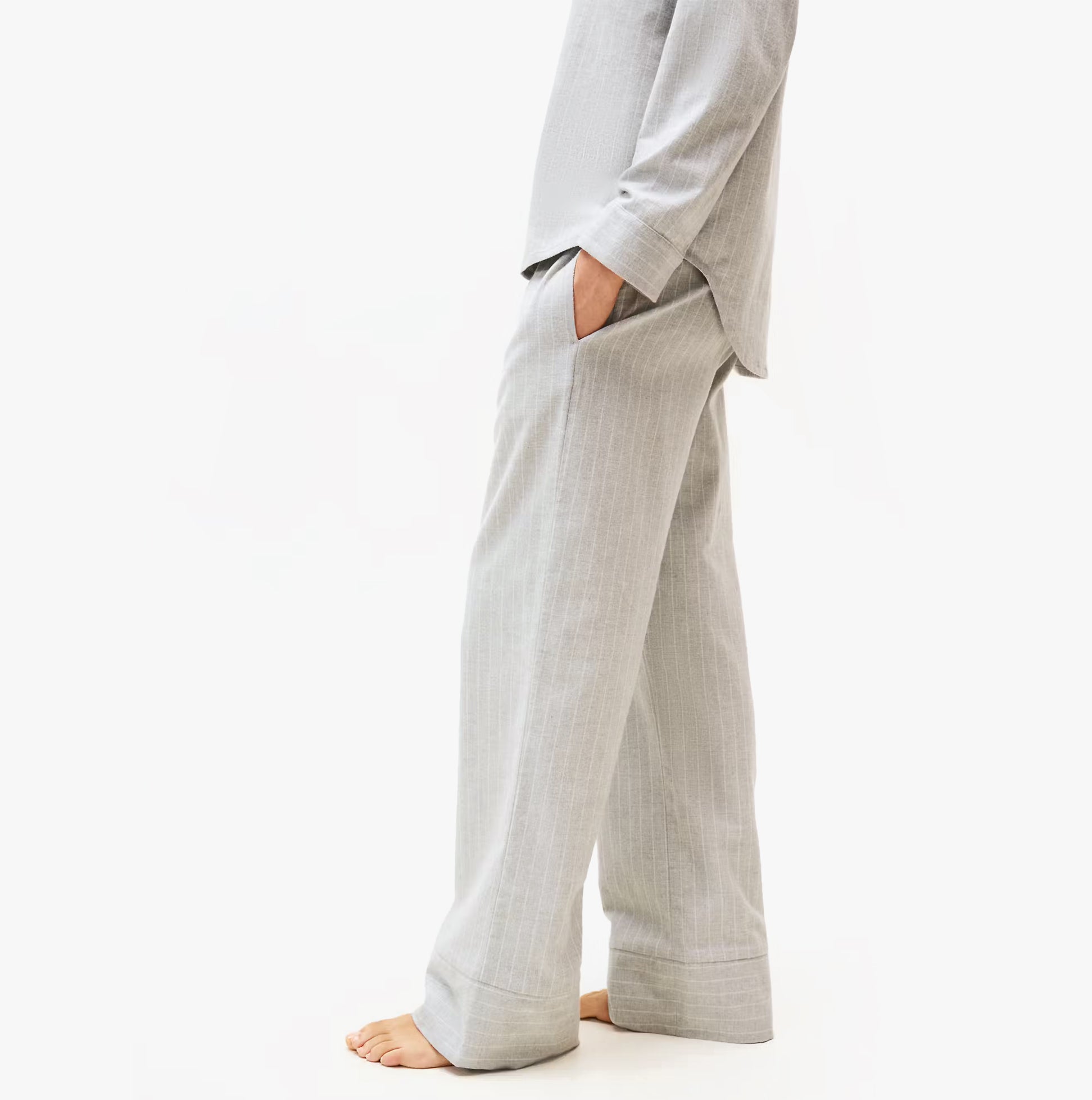 Tommy Hilfiger STRIPE FLANNEL SHIRT Womens Set Thin Stripe Light Grey side view showing relaxed fit and long sleeves.
