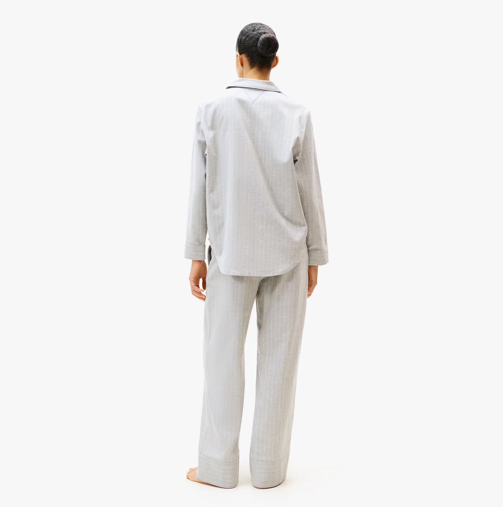 Tommy Hilfiger STRIPE FLANNEL SHIRT Womens Set Thin Stripe Light Grey back view showcasing long sleeves and relaxed fit.