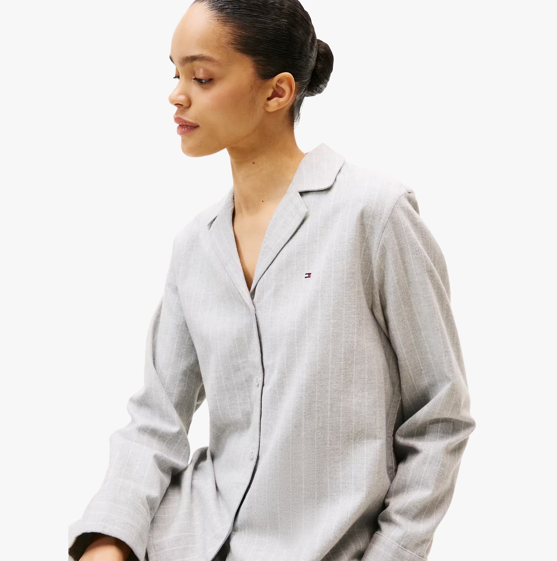 Tommy Hilfiger STRIPE FLANNEL SHIRT Womens Set Thin Stripe Light Grey front view on model.