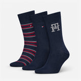 Tommy Hilfiger 3 Pack Giftbox Monogram Stripe Mens Crew Socks Navy